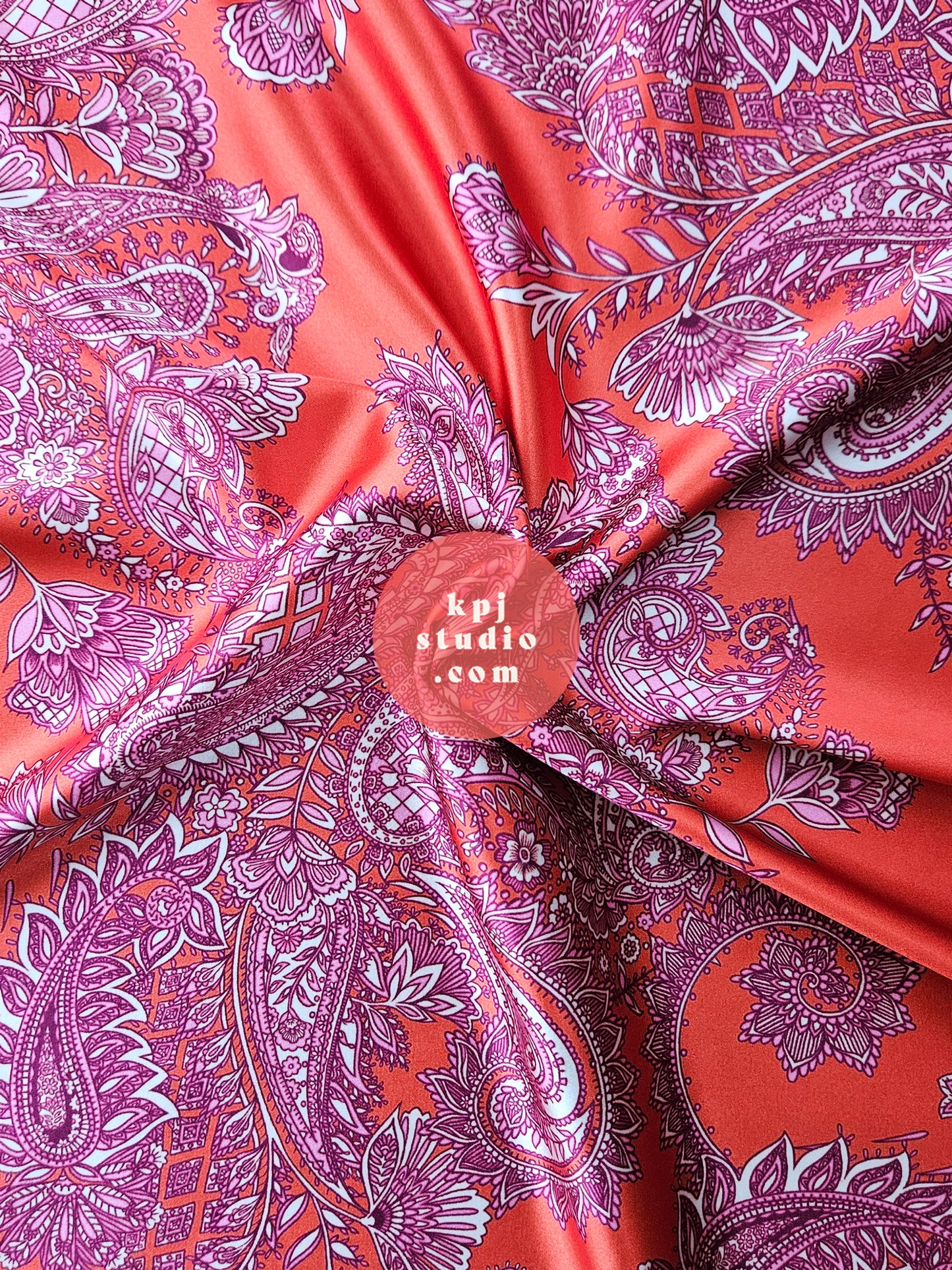 Orange & Pink Intricate Paisley Eco Gloss Satin Fabric