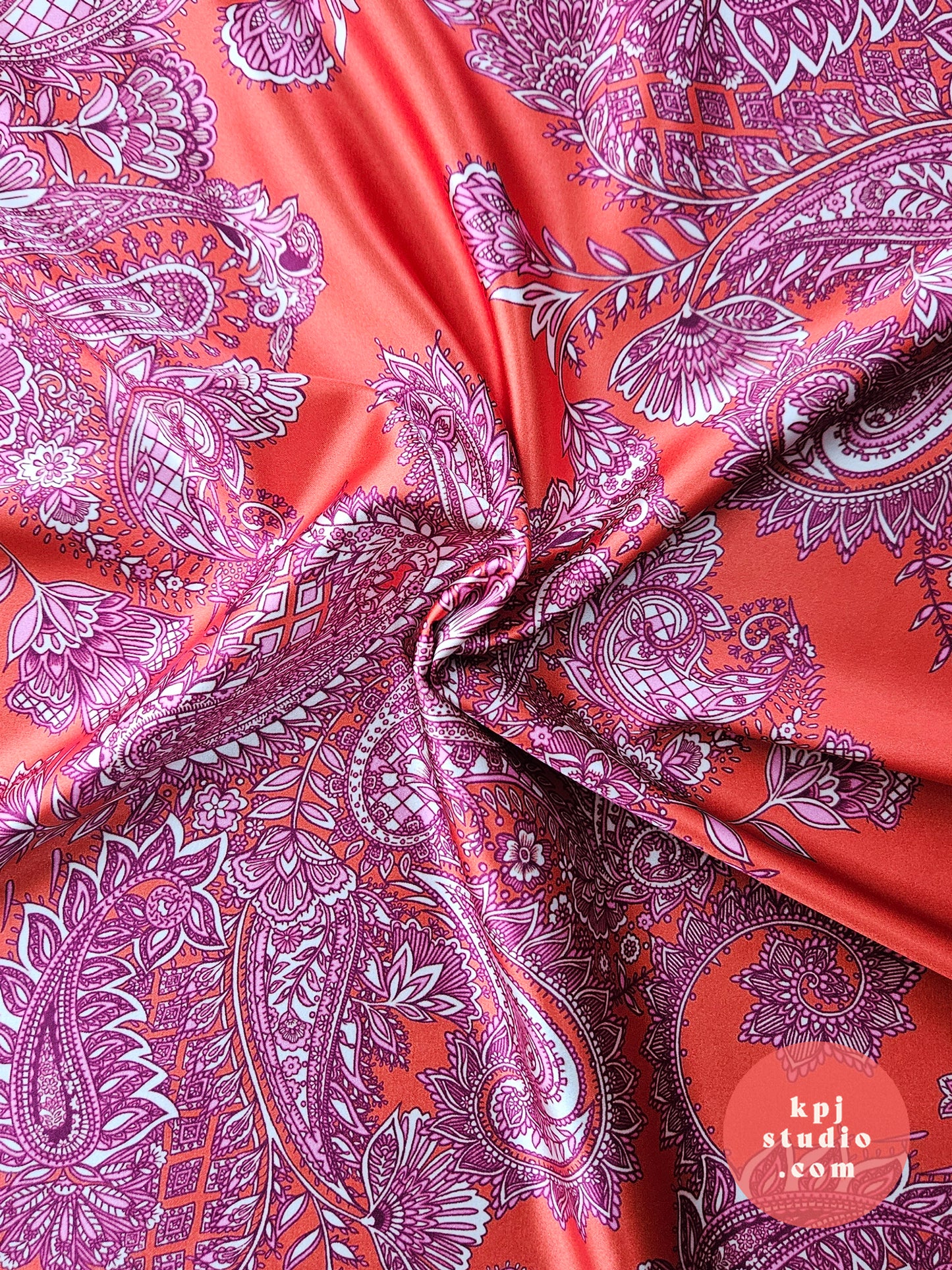 Orange & Pink Intricate Paisley Eco Gloss Satin Fabric