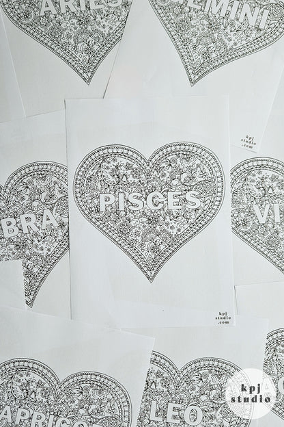 12 Heart Mosaic Zodiac Colouring Pages