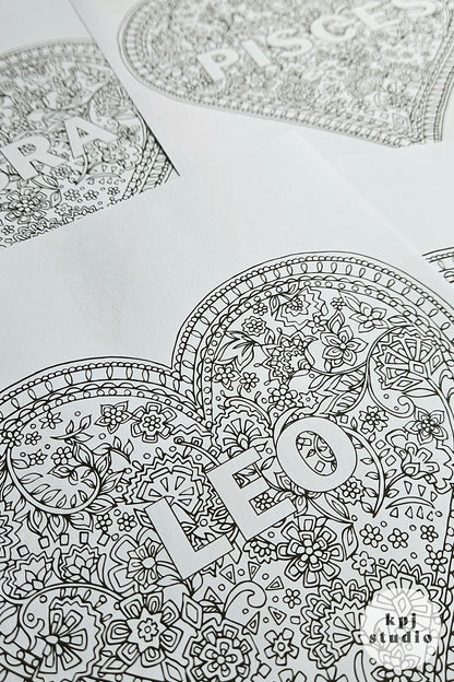 12 Heart Mosaic Zodiac Colouring Pages