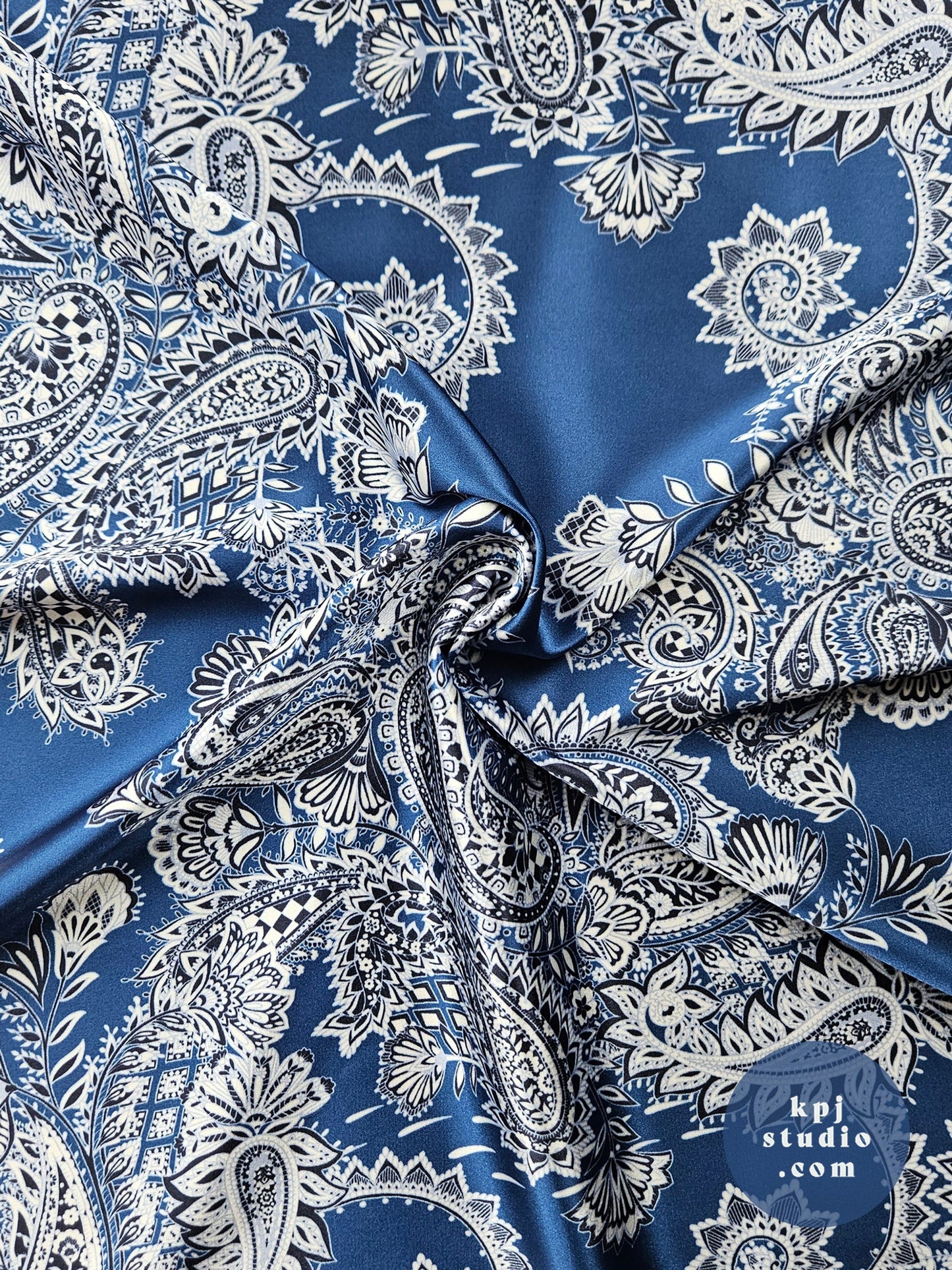 Blue & Navy Intricate Paisley Eco Gloss Satin Fabric