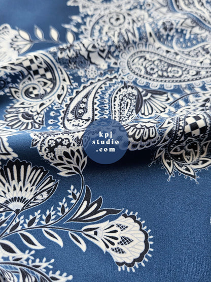 Blue & Navy Intricate Paisley Eco Gloss Satin Fabric