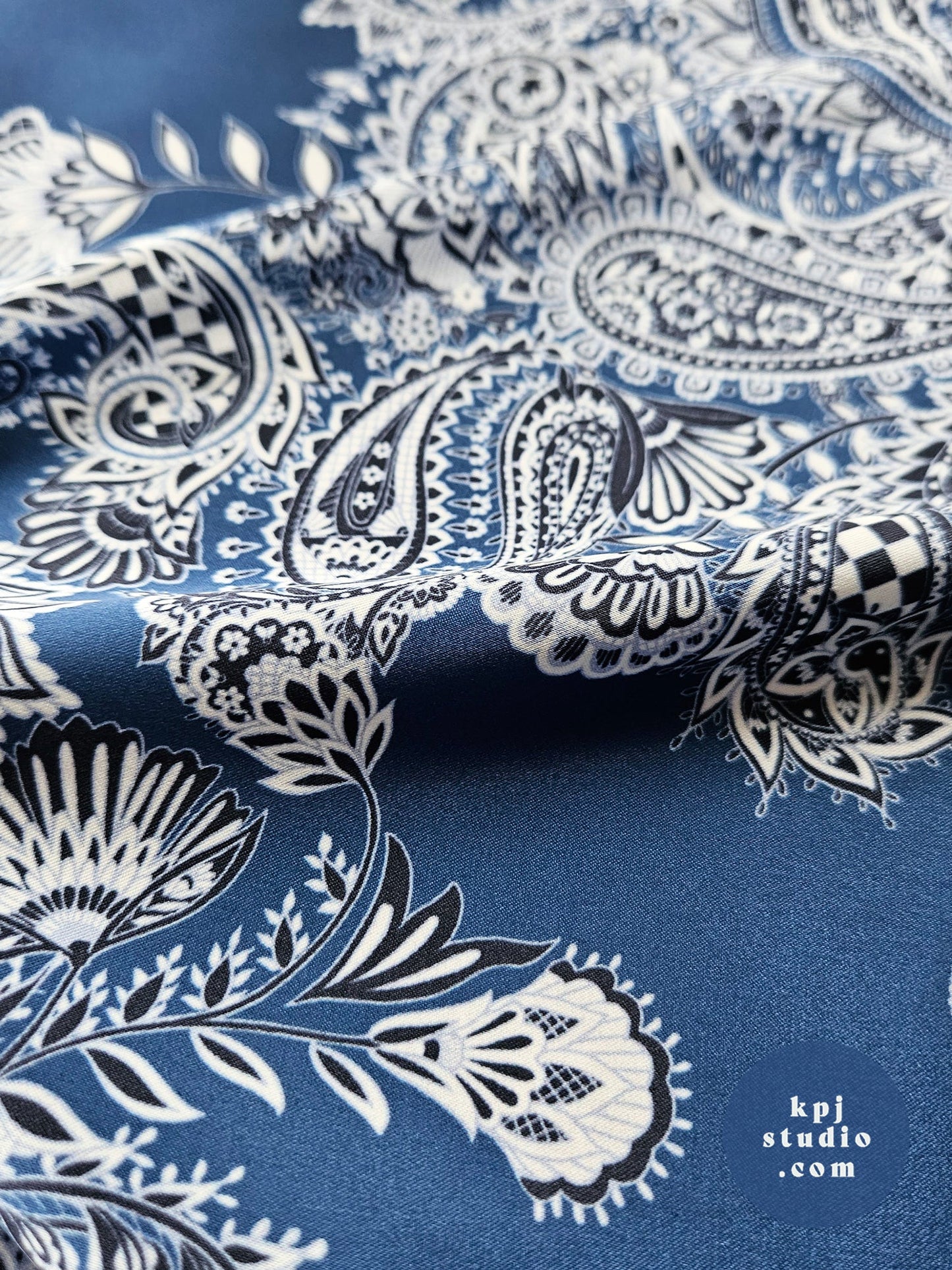 Blue & Navy Intricate Paisley Eco Gloss Satin Fabric