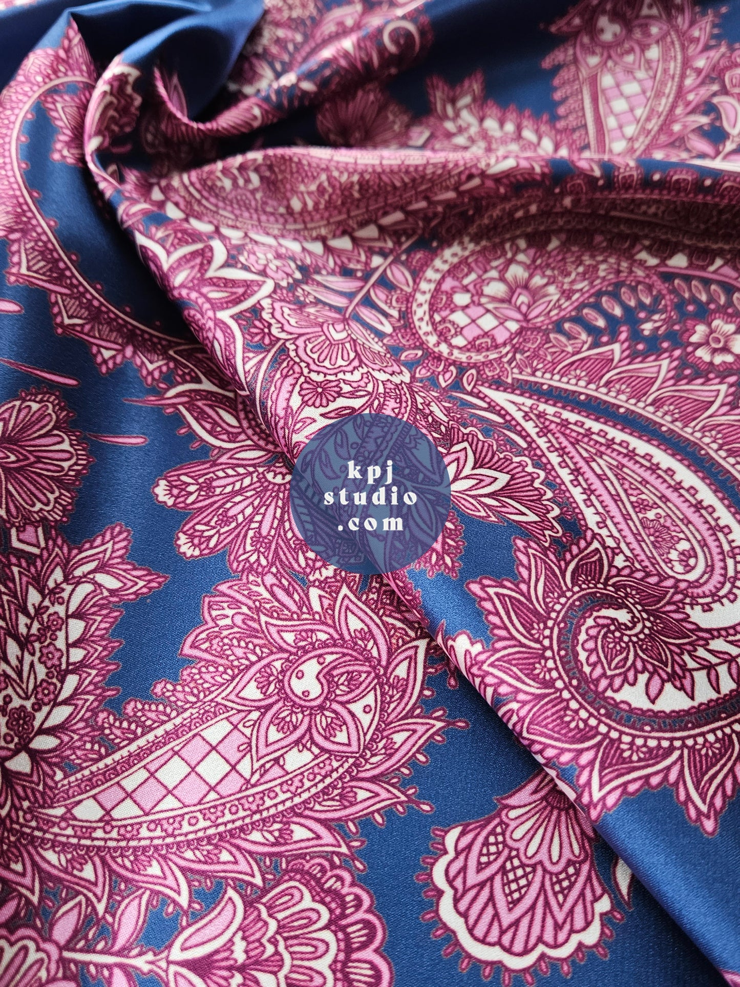 Pink & Blue Intricate Paisley Eco Gloss Satin Fabric