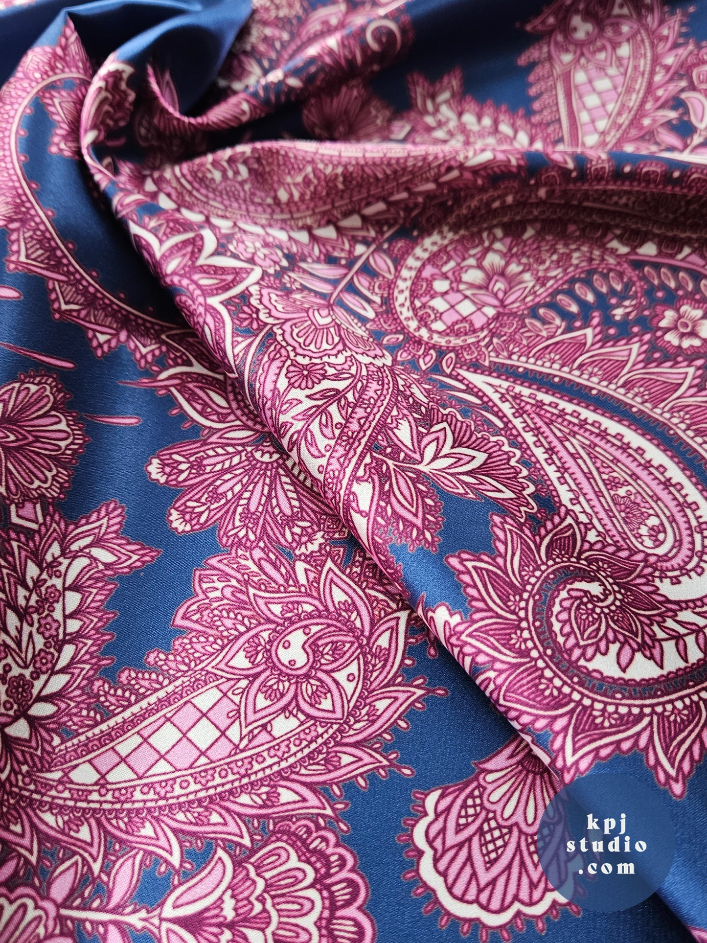 Pink & Blue Intricate Paisley Eco Gloss Satin Fabric