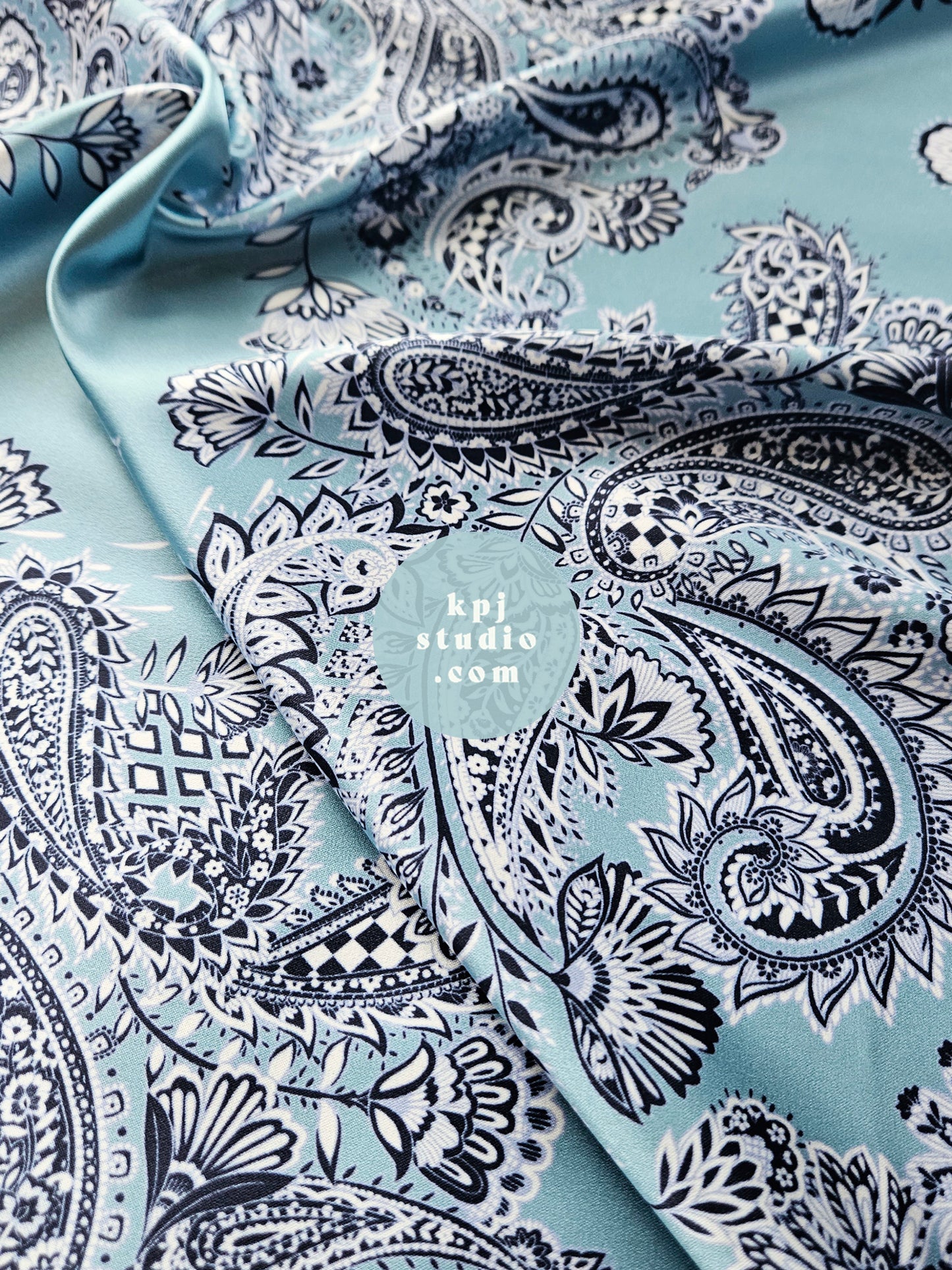 Sky Blue Intricate Paisley Eco Gloss Satin Fabric