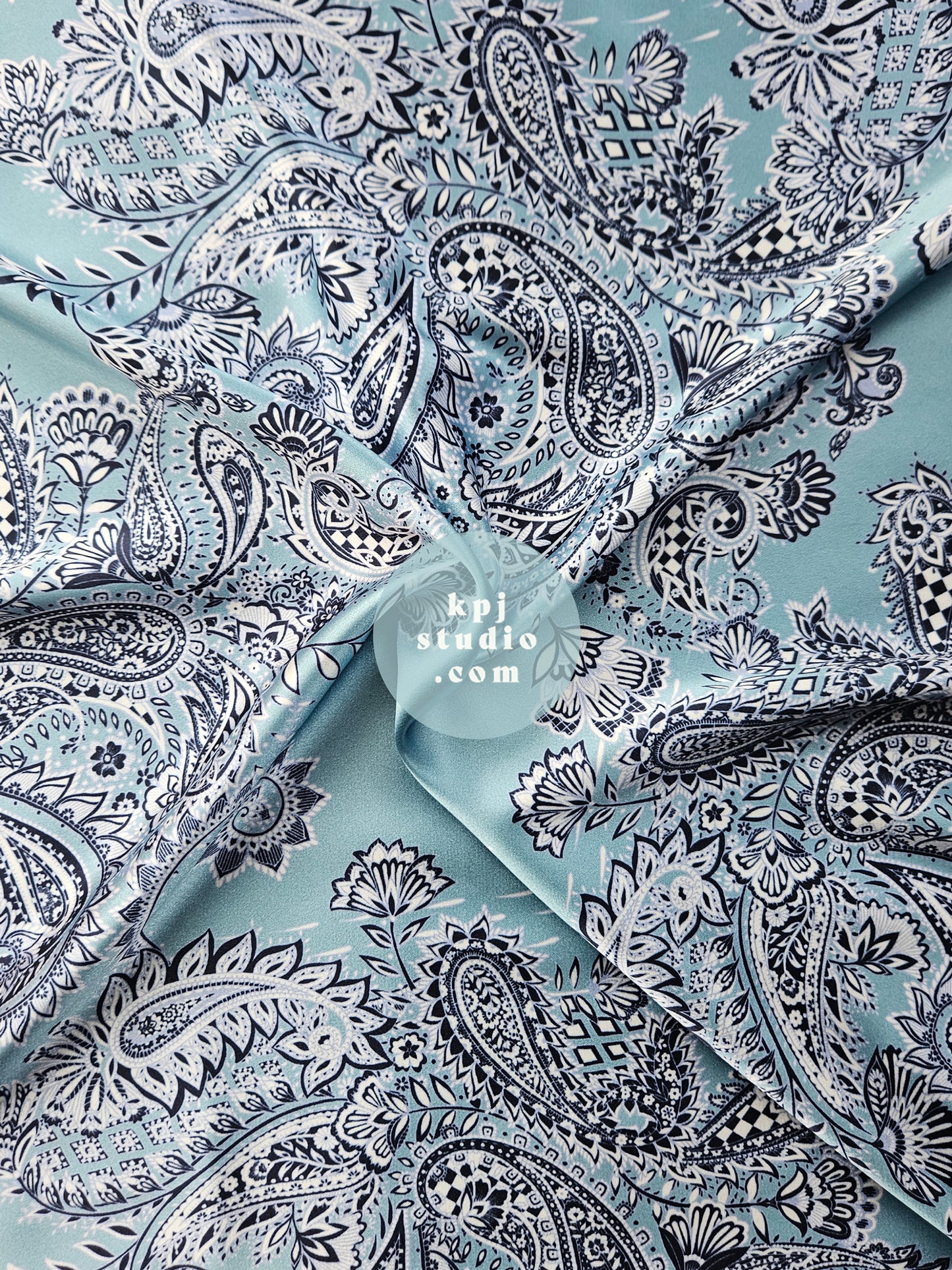 Sky Blue Intricate Paisley Eco Gloss Satin Fabric