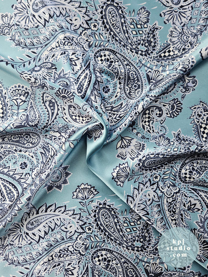 Sky Blue Intricate Paisley Eco Gloss Satin Fabric