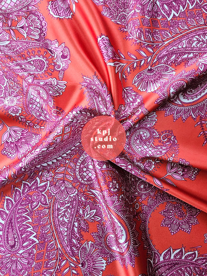 Orange & Pink  Intricate Paisley Eco Gloss Satin Fabric